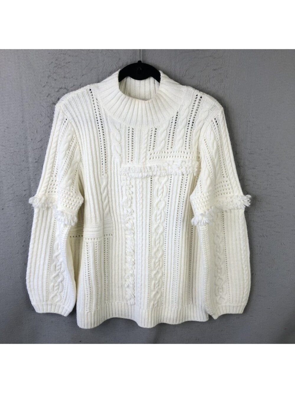 Tyler Böe Sweater Womens XL White Cable Knit Mock Neck Fringe Chunky Warm Cozy
